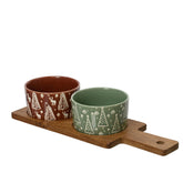 Kitchen Goods Stoneware Rectangular Tapas Set 35cm on Wooden Base with Handle - Green and Brown,